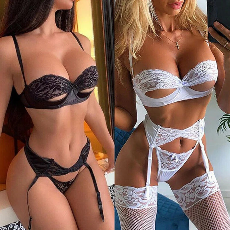 Sensual Garter Lingerie Set White Lace See Through Woman Underwear Sets Bra And Panty Set Panties Women Sexy Lingerie Brief Sets
