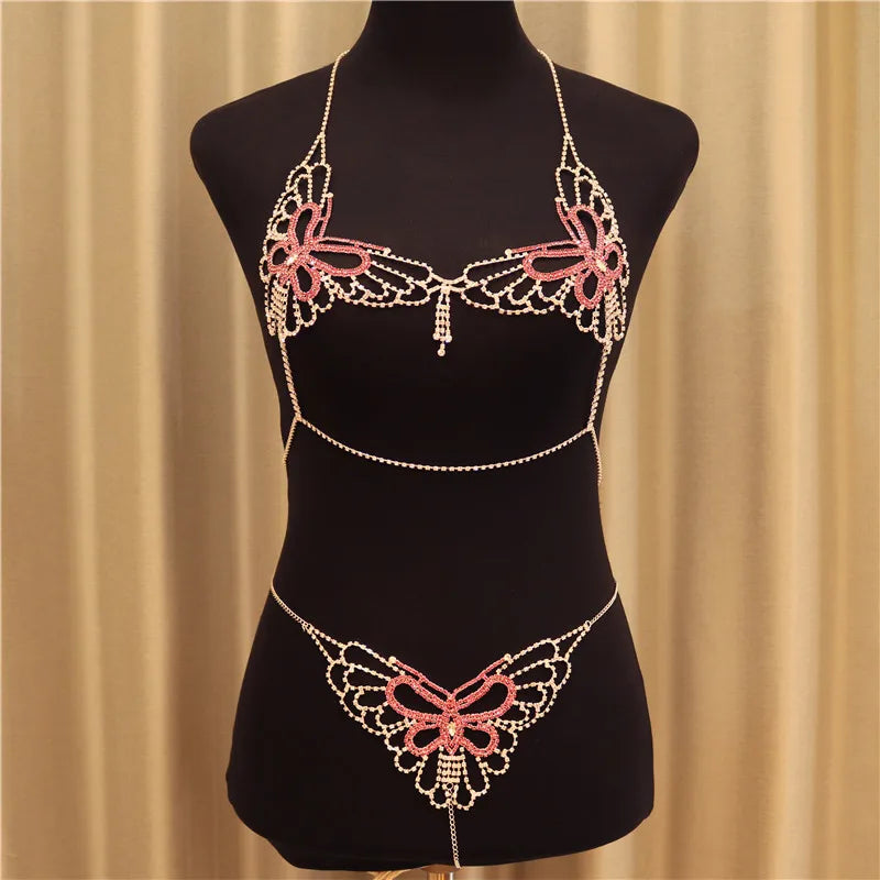Hot Sale Sexy Bikini Butterfly Body Chain Jewlery for Women Bling Crystal Rhinestone Bra and Panties Christmas Party Girl
