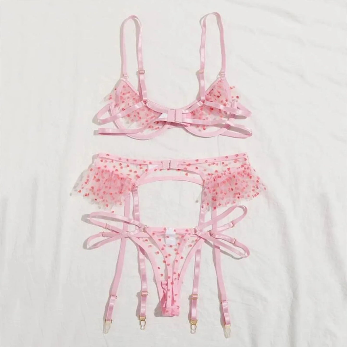 3pcs Heart Pink Women Sexy Bra Briefs Set With Garter Belt Lace Open Bra Thong Exotic Transparent See Through Lingerie Set