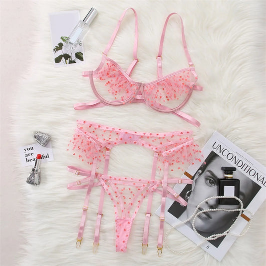 3pcs Heart Pink Women Sexy Bra Briefs Set With Garter Belt Lace Open Bra Thong Exotic Transparent See Through Lingerie Set