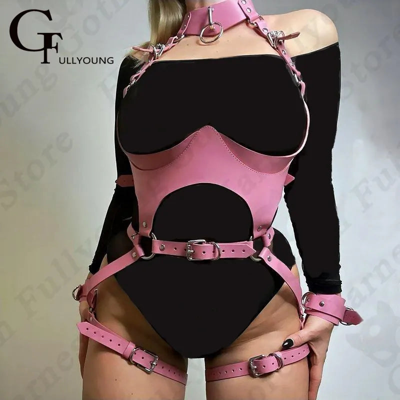 Pink Leather Pu Sexy Harness Woman Bondage Belt Stockings Bdsm Lingerie Fullbody Strap Thigh Garters Rave Outfits For Adults 18+