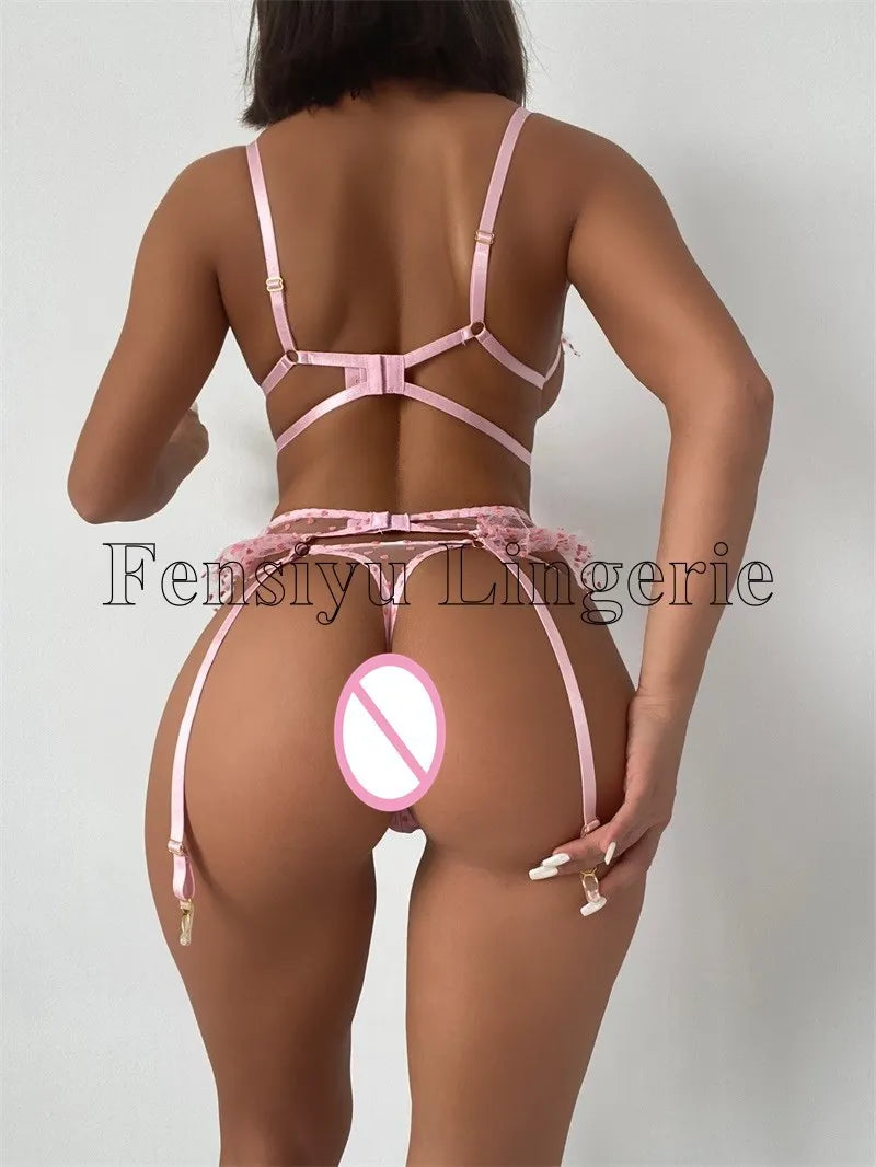 Women Lingerie Sets with Garter Belt 3 Piece Lace Teddy Babydoll Bodysuit