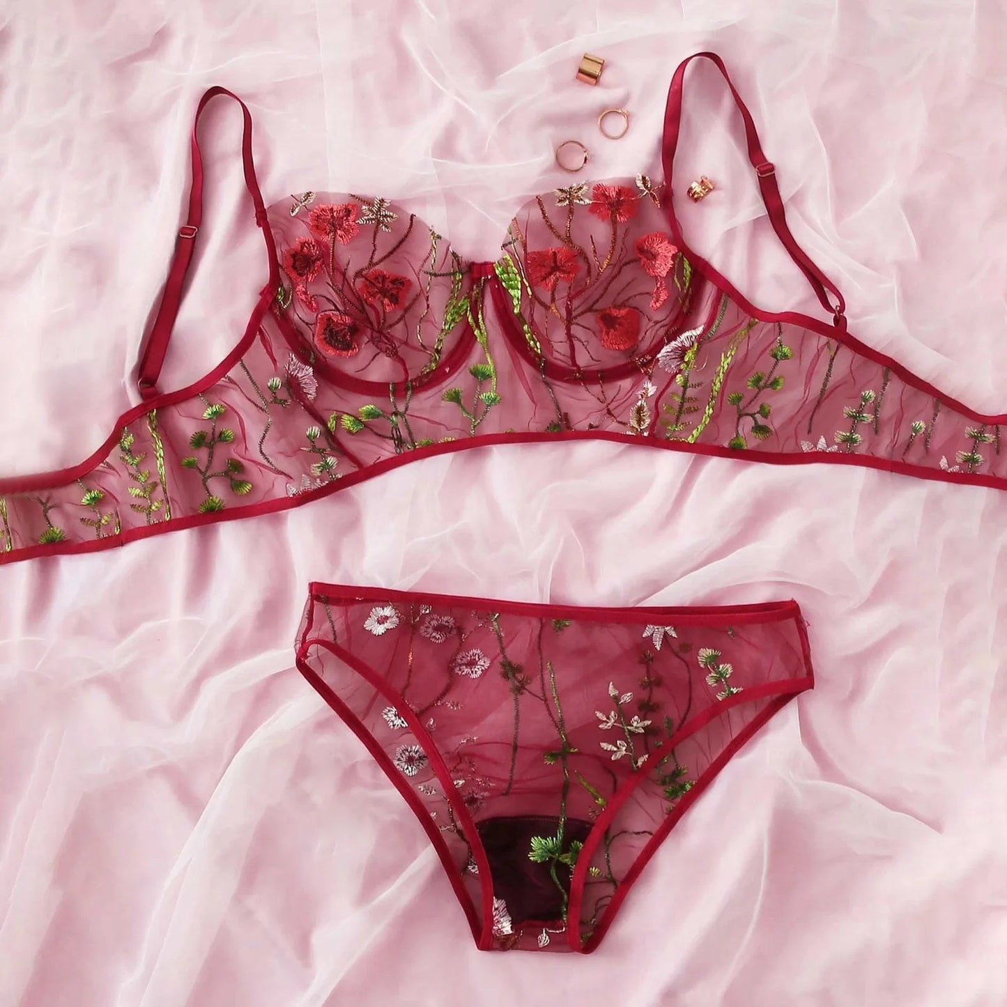Women's Sexy Lingerie Bra Fashion  Flower Lace Red Pajamas