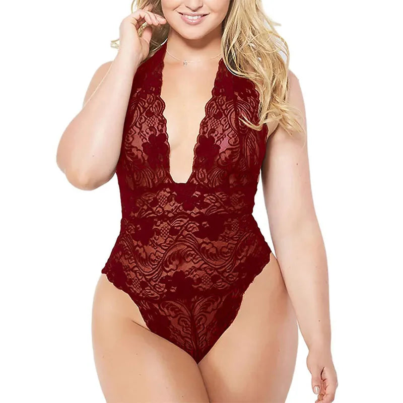 Top Fashion Sexy Plus Size Halter Jumpsuit Lace Women'S European And American Sexy Lingerie Black Rose Red Purple White Wine Red