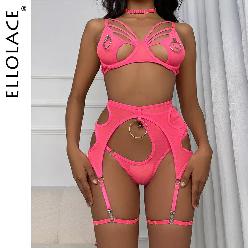 Ellolace Erotic Lingerie With Rings Hollow Female Underwear Uncensored 4-Pieces Garters Intimate Pornography Sexy Exotic Sets