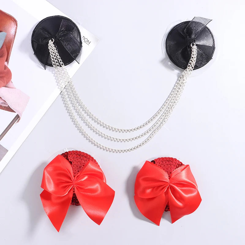 Women's Sexy 1 Pair Chain Linked Nipple Cover Reusable Red Bow Breast Pasties Nipple Covers Stickers Underwear Accessories