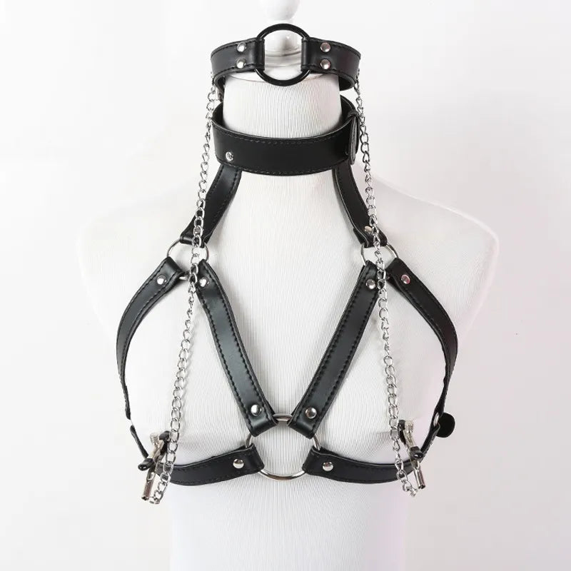 Sexy Faux Leather Lingerie Breast Binder Bra Top and Mouth Gag with Nipple Clamps Female Body Harness Fetish Restraint Costume