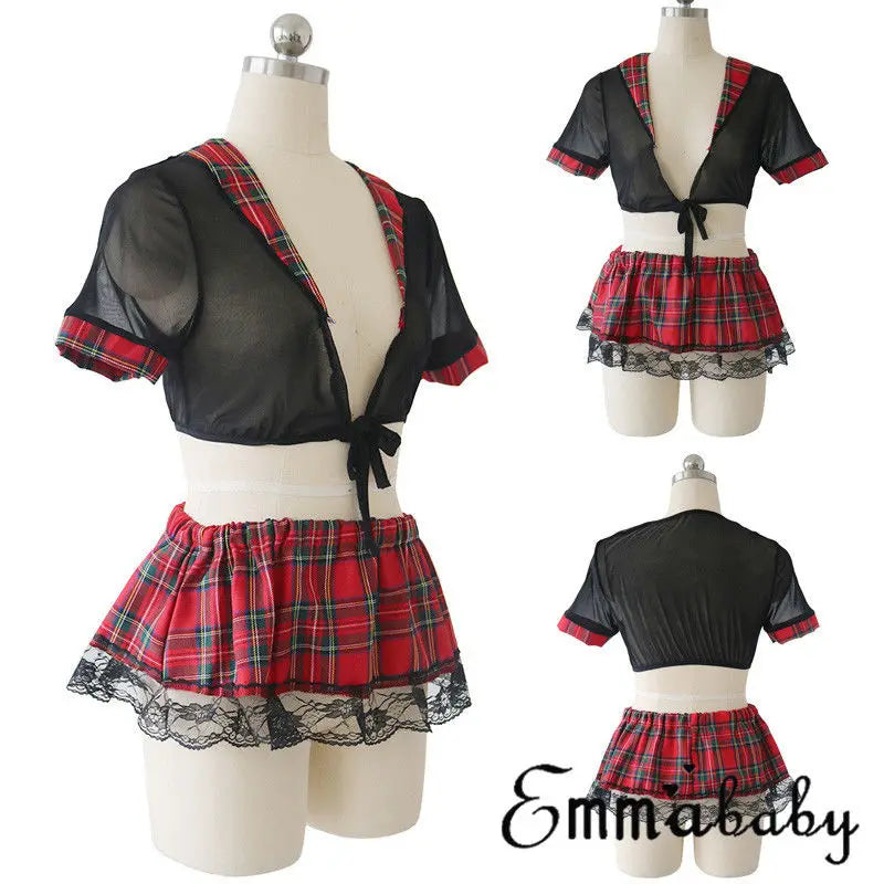 Plus Size Sexy Scotland Student Uniform Women Lingerie Set Erotic Underwear Schoolgirl Dresses Babydoll Costume