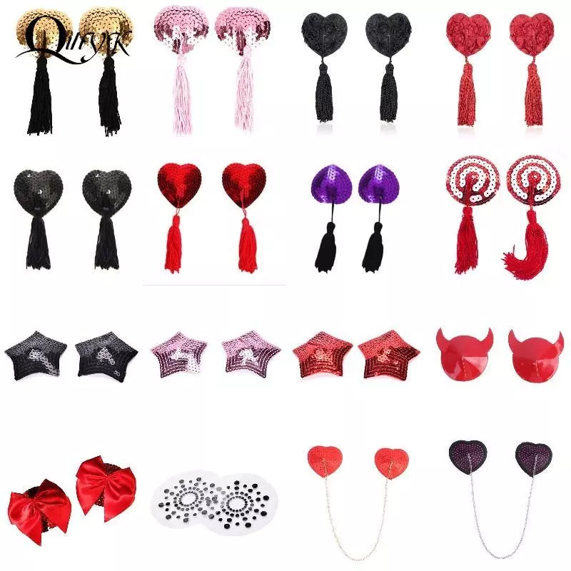 Women's Sexy 1 Pair Chain Linked Nipple Cover Reusable Red Bow Breast Pasties Nipple Covers Stickers Underwear Accessories