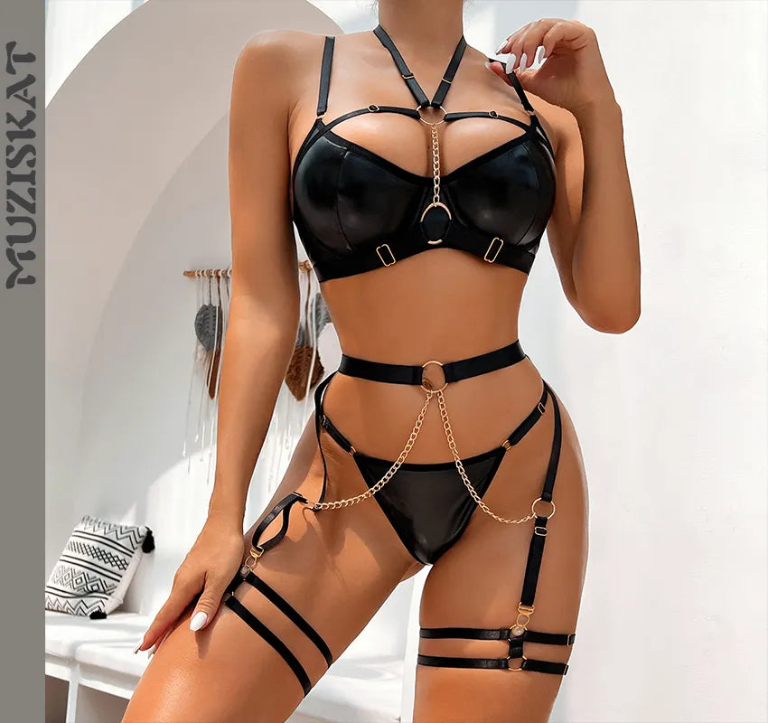 MUZISKAT Summer Sexy Bra Set Exotic with Chains Seamless Underwear Sexydresses for Women Leather Sexy Hollow Out Bra Panties Set