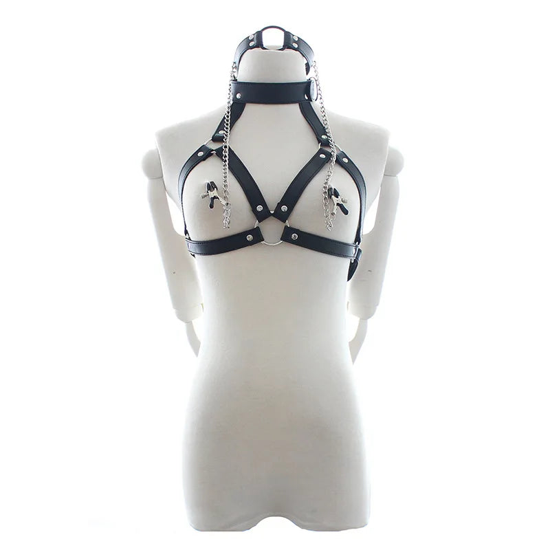 Sexy Faux Leather Lingerie Breast Binder Bra Top and Mouth Gag with Nipple Clamps Female Body Harness Fetish Restraint Costume