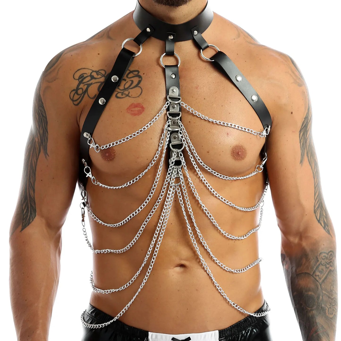 Men Sword belt Faux Leather Body Chest Chain Harness Punk Male Leather Bondage Costume Sexy Toy Gay Club Rave Straps Crop Top